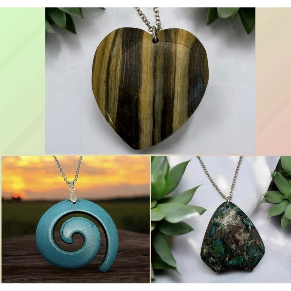 Lot‎ of 3 Gemstone Necklaces Tiger Iron , Jasper Swirl & Sea Sediment w/Pyrite
